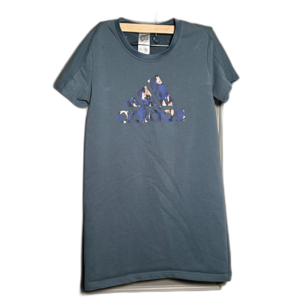 Adidas Blue Logo Shirt Dress Women’s Medium Leopard Graphic Tee Long Length
